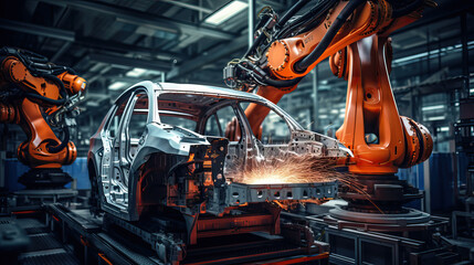 Fototapeta premium Automotive production line. Modern automobile factory. Automotive industry. Industrial background. Automation industry 4.0 concept