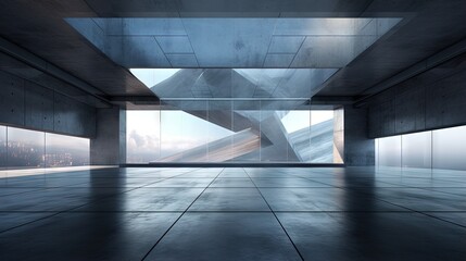 3d render of abstract futuristic glass architecture with empty concrete floor. - obrazy, fototapety, plakaty