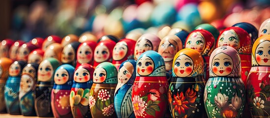 Russian nesting dolls known as Matreshka are vibrant dolls that can be found at the market Matrioshka or Babushka dolls are the favored and widely popular souvenirs from Russia - obrazy, fototapety, plakaty
