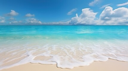 Panorama of a beautiful white sand beach and turquoise water in Maldives. Holiday summer beach background.. Wave of the sea on the sand beach.