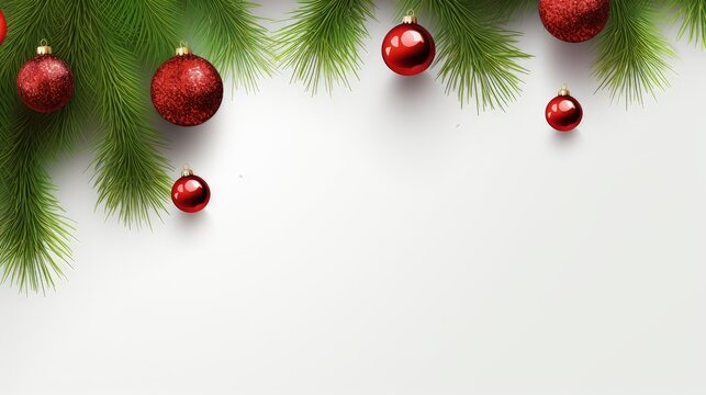 Christmas Tree Pine Branches and Christmas balls on a light background.