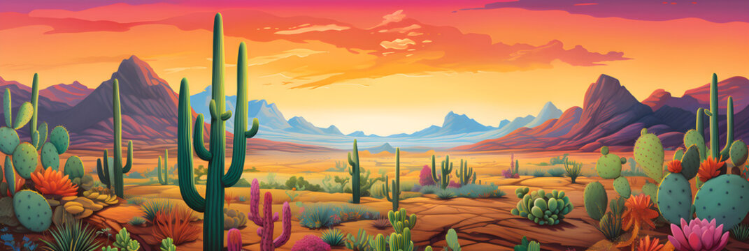 colourful cartoon style painting of the desert landscape