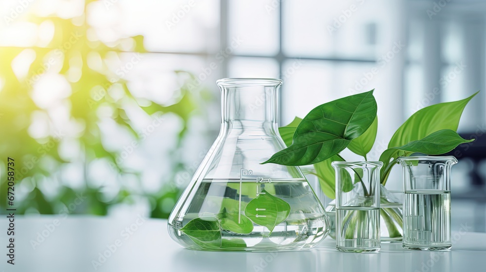 Poster green leaf plant with glassware flask and vial in biotechnology science laboratory background
