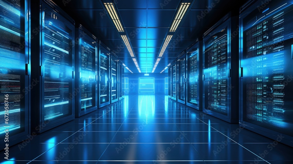 Poster Server racks in computer network security server room data center, 3d rendering.