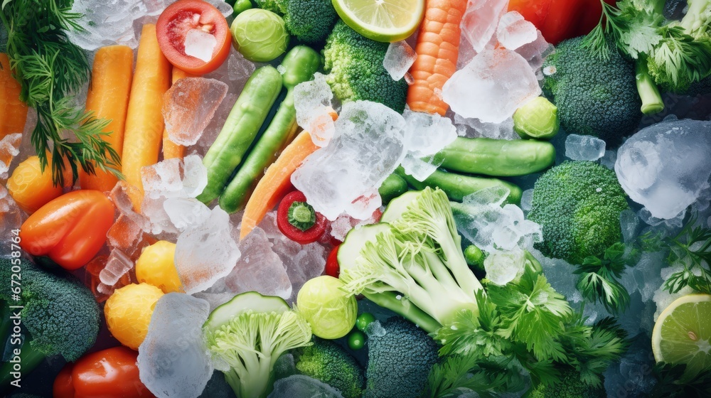 Poster assortment of frozen vegetables on ice. stocks of food. top view. free space for your text.