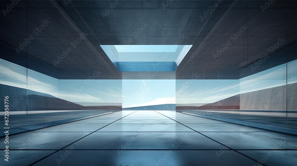Aufkleber 3d render of abstract futuristic glass architecture with empty concrete floor.