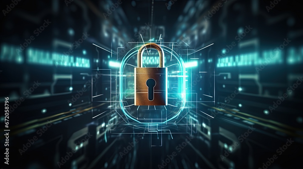 Poster User information protection and cyber security concept with digital closed padlock with keyhole inside above virtual multi levels on abstract dark technological background. 3D rendering