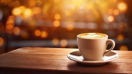 Obraz premium Hot art Latte Coffee in a cup on wooden table and Coffee shop blur background with bokeh image