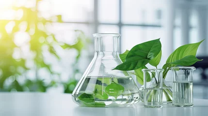 Zelfklevend Fotobehang green leaf plant with glassware flask and vial in biotechnology science laboratory background © HN Works