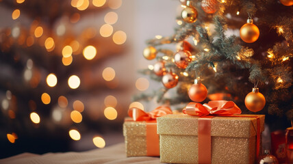 gift boxes and pine on the background of bokeh. christmas and new year background