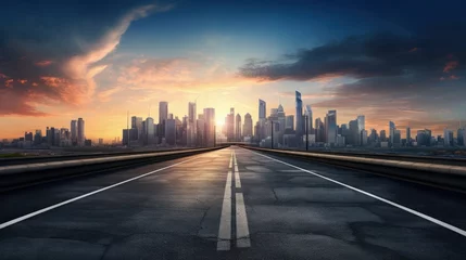 Foto op Plexiglas Modern city skyline and buildings with empty asphalt road at sunset © HN Works