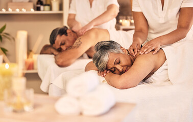 Relax, hands and an old couple at the spa for a massage together for peace, wellness or bonding....