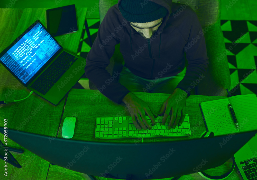 Aufkleber Cybersecurity, crime and man programming from above in neon office with code, fraud and hacking. Software, ransomware and web hacker on cyber attack, password thief coding online scam and computer.