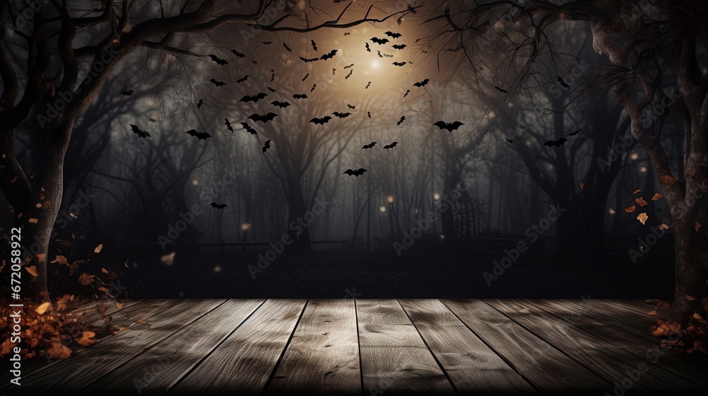 Poster Halloween holiday concept. Empty rustic table in front of bare trees and bats background. Ready for product display montage