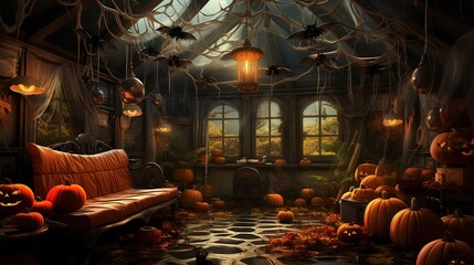 interior of the house decorated for Halloween pumpkins, webs and spiders