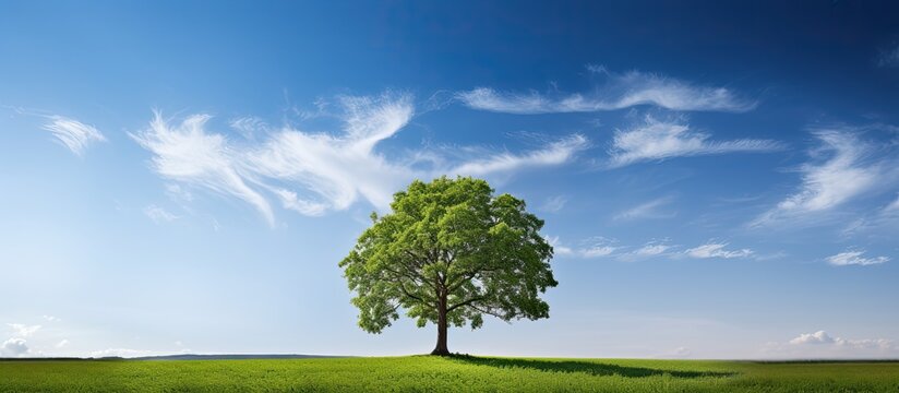 In a pristine setting a solitary flawlessly verdant tree stands tall and proud amidst the boundless expanse of a clear blue sky