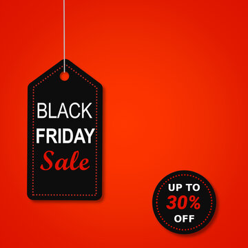 Black Friday Sale Tag In Red Banner With Discount Up to 30% off . Special Offer. This Weekend Only. Vector illustration. Black Friday sale hanging tag on red gradient background.