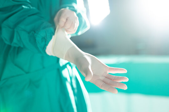 Midsection of asian female surgeon wearing medical gloves in operating theatre at hospital