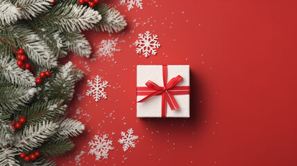 Fototapeta na wymiar Christmas gifts on red background top view Christmas and New Year background