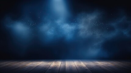 Empty dark scene blue abstract Product stage spotlights and studio room with smoke float up the interior texture for display products wall background. - obrazy, fototapety, plakaty