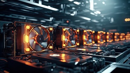 Bitcoin and others cryptocurrencies mining farm. GPU graphic cards rig for cryptocurrency mining. 3d illustration - obrazy, fototapety, plakaty
