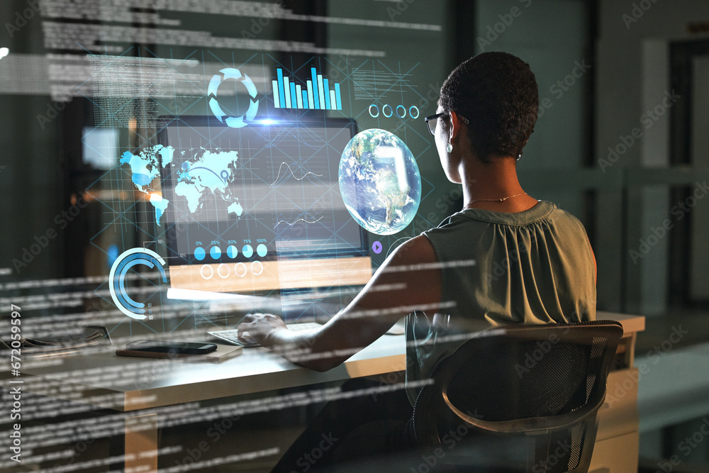 Poster computer, global data hologram and woman review finance chart, stock market database or futuristic u