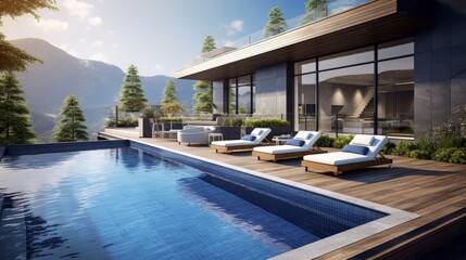 Modern building house with terrace and swimming pool with sun lounger. Beautiful mountains, forest with plants panoramic view. 3d rendering illustration exterior. Contemporary architecture design.