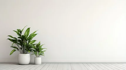 Fotobehang White wall empty room with plants on a floor,3D rendering © HN Works