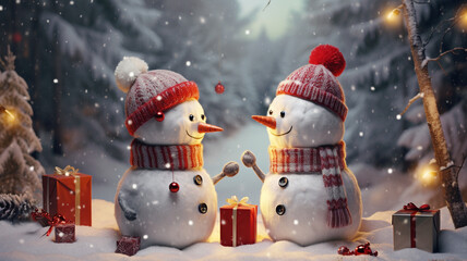 snowman with christmas presents in the snowy forest at night with holiday gifts