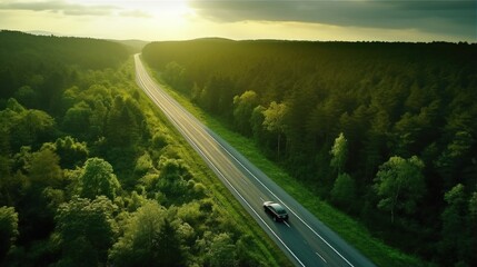 Aerial view of road in beautiful green forest at sunset in spring. Colorful landscape with car on...