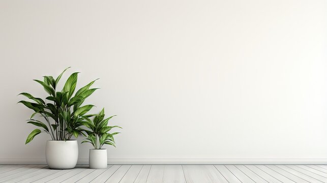 White Wall Empty Room With Plants On A Floor,3D Rendering