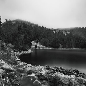 Black an white photo of Vosges lake in Alsace, Lac Forlet, Lake near Orbey, Gazon du Faing.