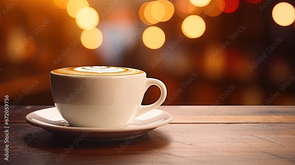 Poster hot art latte coffee in a cup on wooden table and coffee shop blur background with bokeh image