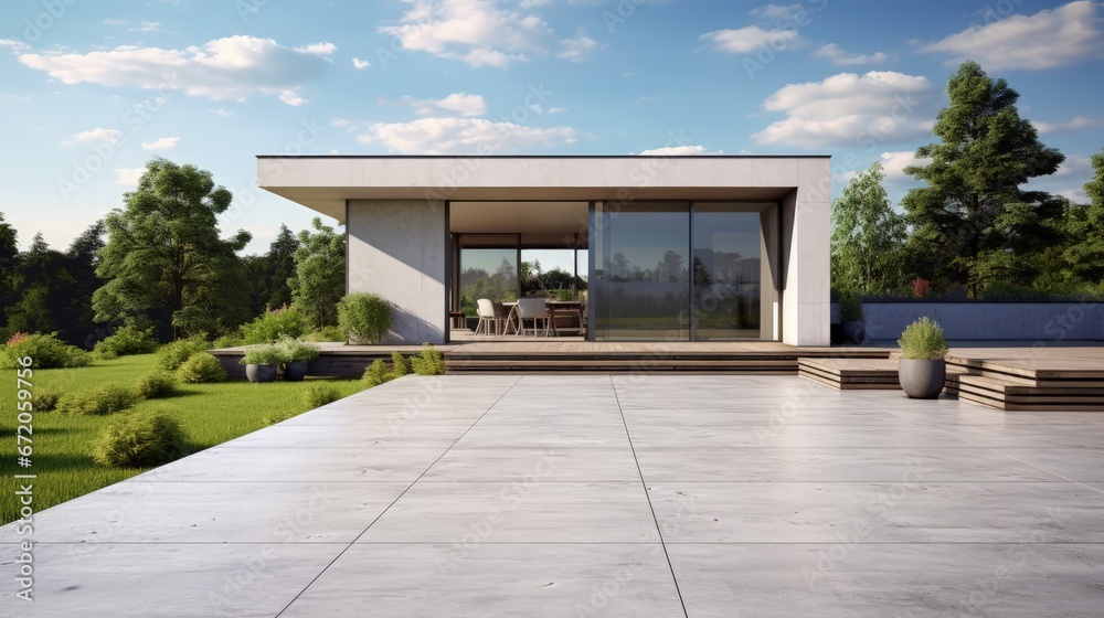Poster house with concrete terrace near empty grass floor. 3d rendering of green lawn in modern home.