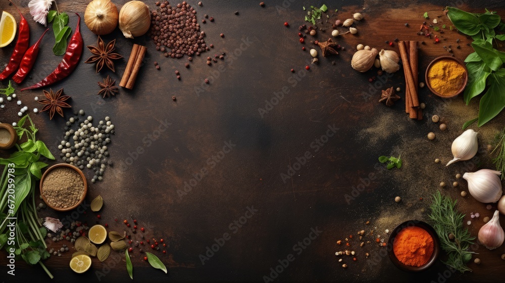 Poster cooking table with herbs, spices and utensils. top view with copy space