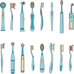 Toothbrush dental icons set. Outline illustration of 16 toothbrush dental icons thin line color flat on white