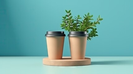 Coffee to go. Two disposable eco-friendly cardboard cups, ground coffee in a glass jar on a glass shelf on blue background with green branches and copy space. Takeaway coffee concept. Soft focus stile