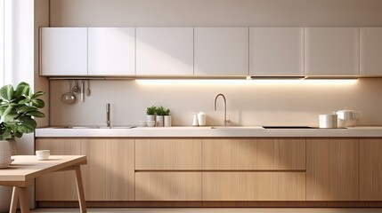 Fototapeta na wymiar Modern kitchen interior design in white tones with a hob, sink, hood and appliances. Wooden furniture concept. Luxury apartment for rent. New comfortable home