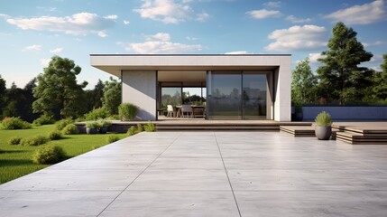 House with concrete terrace near empty grass floor. 3d rendering of green lawn in modern home. - Powered by Adobe