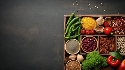 Obraz na płótnie Canvas Fresh vegetables and fruits, seeds, cereals, beans, spices, superfoods, herbs, condiment in wooden box for vegan, allergy-friendly, clean eating and raw diet. Grey concrete background and top view
