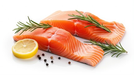 Pieces of fresh raw salmon, rosemary and lemon slices isolated on white
