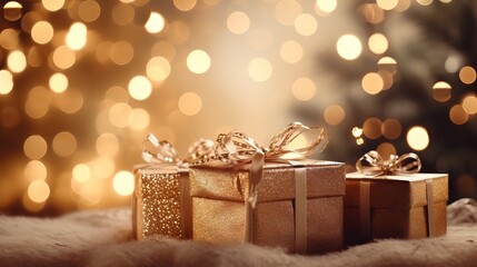Festive 3d rendering of Christmas gifts and decorations on a blurred lights background