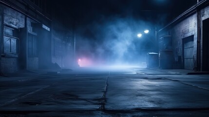 A dark empty street, dark blue background, an empty dark scene, neon light, spotlights The asphalt floor and studio room with smoke float up the interior texture. night view