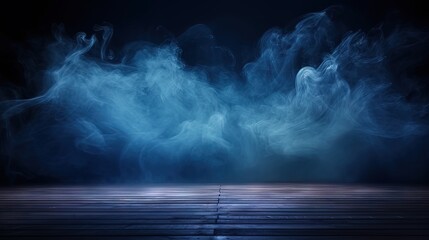 Empty dark scene blue abstract Product stage spotlights and studio room with smoke float up the interior texture for display products wall background.