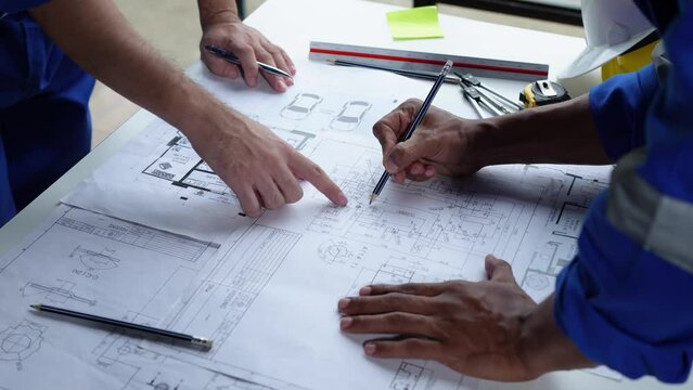 Structural engineering team discusses and calculates office interior design work, house structure concepts, construction, house models, concept meetings, business objects, real estate.