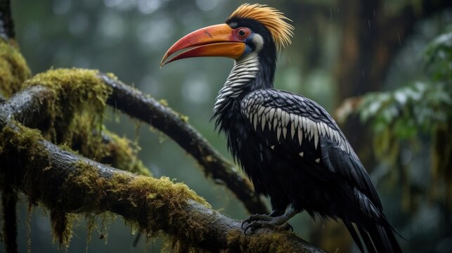 A Beautiful Adult Male Rufous-necked Hornbill (Aceros Nipalensis) Perched On A Tree Branch In A Forest At Mahananda Wildlife Sanctuary, Latpanchar, Darjeeling, West Bengal, India