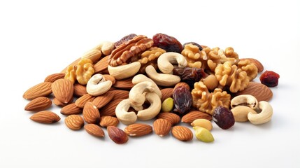 Mix of nuts and raisins on a white wooden table. Presented raisins, walnuts, hazelnuts, cashews, pecans, and almonds.