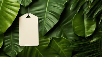 Clothing tag and green leaf as eco-friendly flatlay background, sustainable fashion and brand label concept.