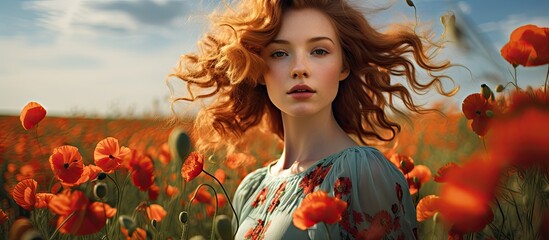 A woman with red hair in curls wearing a flowery dress stands in a field of bright red poppies - obrazy, fototapety, plakaty