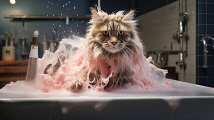 Groomer washing cat in grooming salon. Cat bathing. a lot of foam